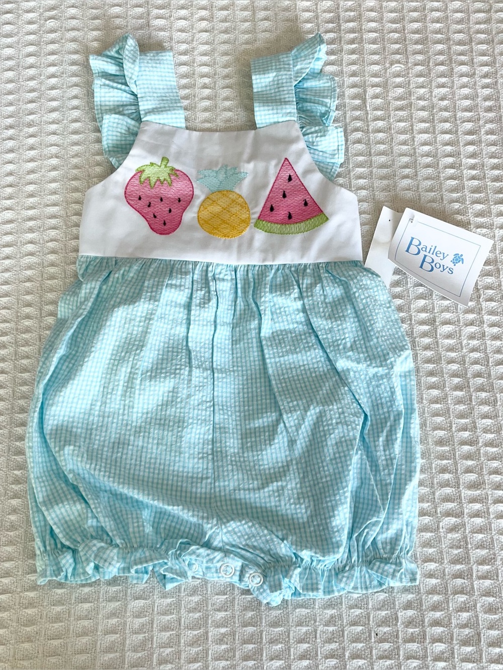 Bailey boys Blue and white Gingham Tutti Fruity Embroidered Baby Romper 18M NWT